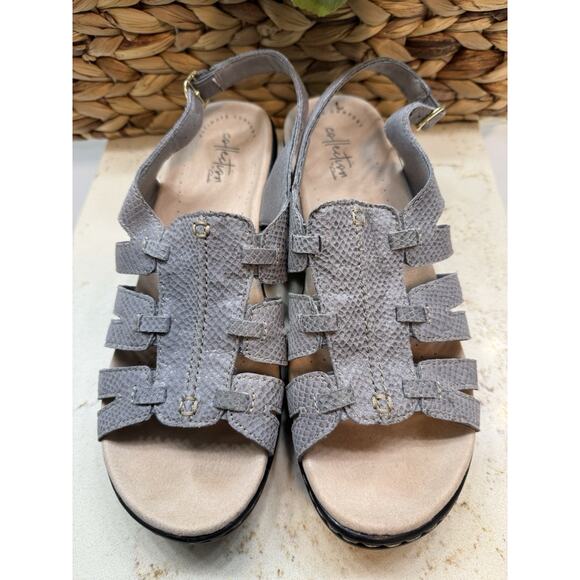 Clarks Collection 9M Light Gray Leather Lexi Marigold Sandals 2” Heel Buckle - Picture 3 of 11